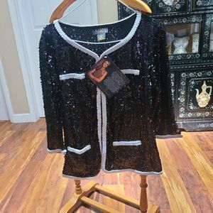 IMAN, S, Black sequin with white sequin trim Jacket NWT